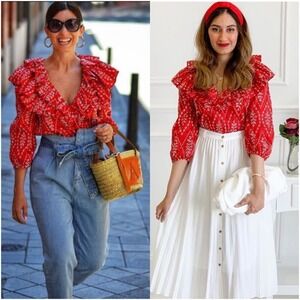 ZARA Ruffled V-Neck Embroidered Eyelet Blouse